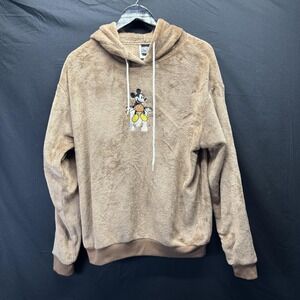 Disney Mickey Mouse‎ Hoodie Mens Large Brown Plush Fleece Pullover Embroidered